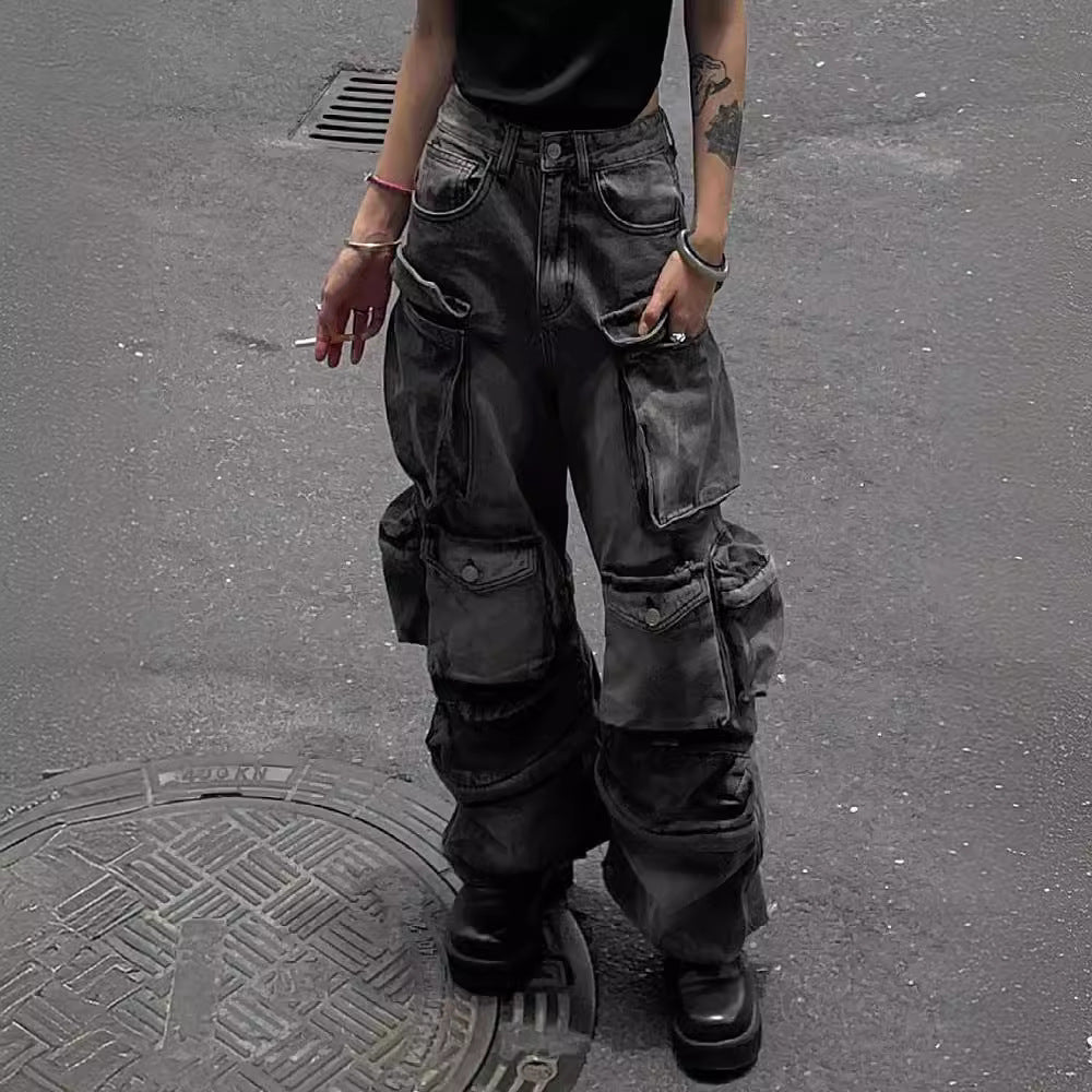 Women's Multi-Pocket Cargo Pants Streetwear Denim Trousers