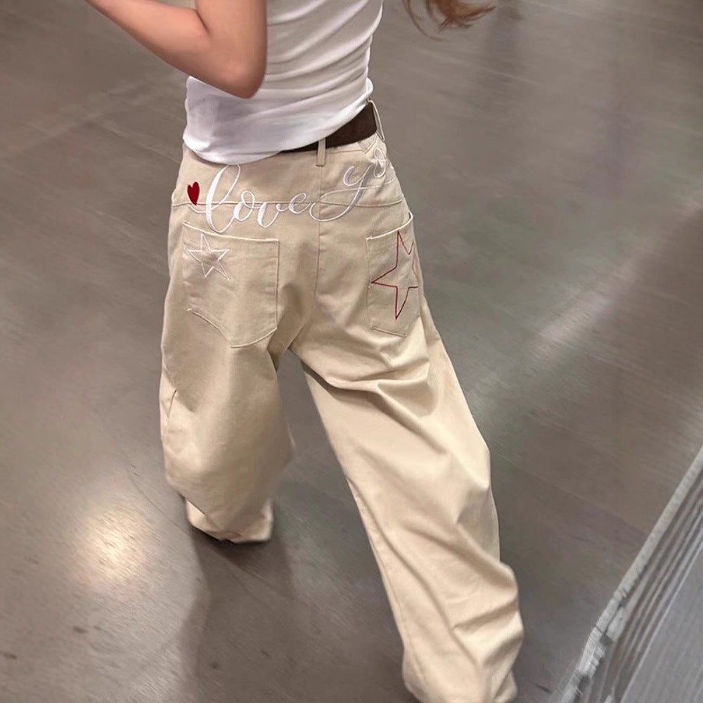 Star Letter Embroidery Loose Wide-Leg Pants