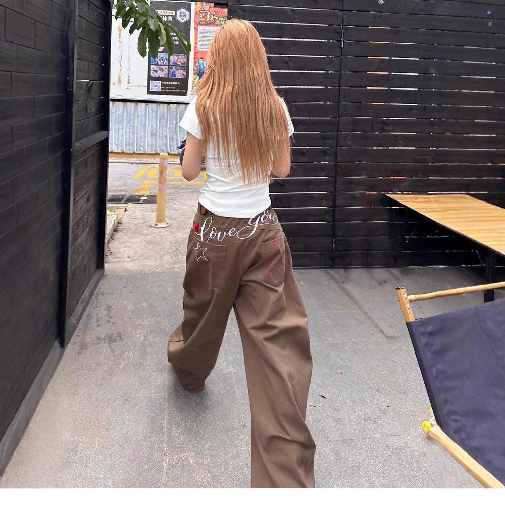 Star Letter Embroidery Loose Wide-Leg Pants