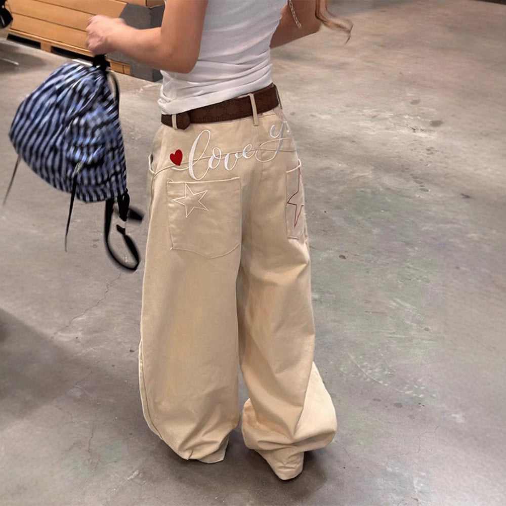 Star Letter Embroidery Loose Wide-Leg Pants